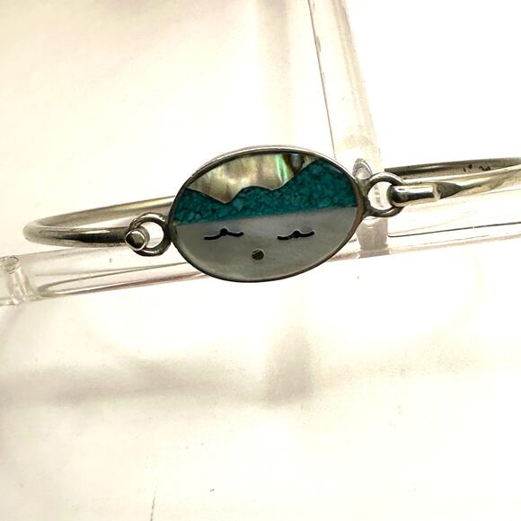 Alpaca Bracelet hooked Silver tone Beach Cloud Face Vintage Mother of Pearl - Picture 5 of 11